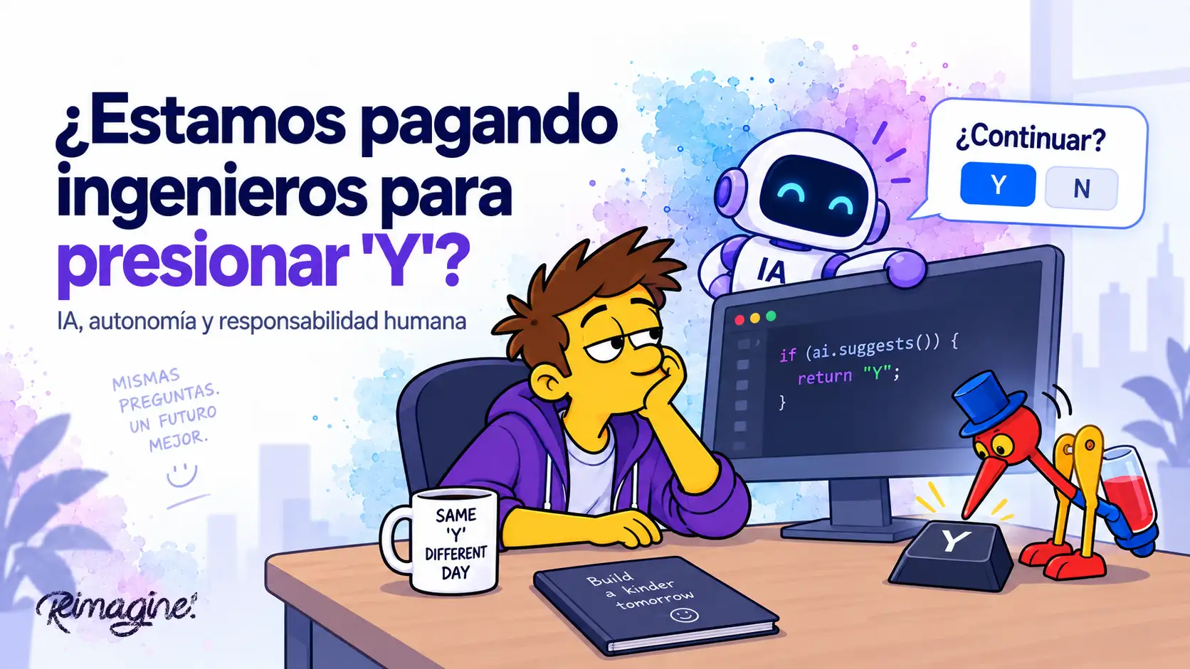 Ilustración de un pájaro bebedor presionando «Y» mientras un agente de IA pide aprobación para continuar.